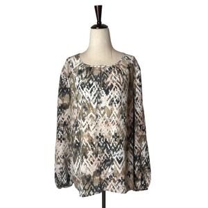 Ecru Shirt‎ Women Large Ivory Geometric Silk Long Balloon Sleeve Blouse Silky